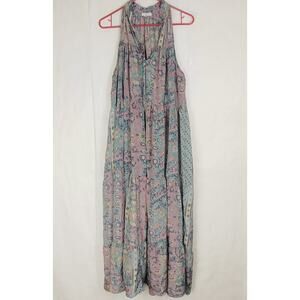 Paani green pink gold floral print tiered maxi dress Size Large Boho Cottage